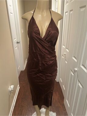 Brown Slip Halter Midi Dress